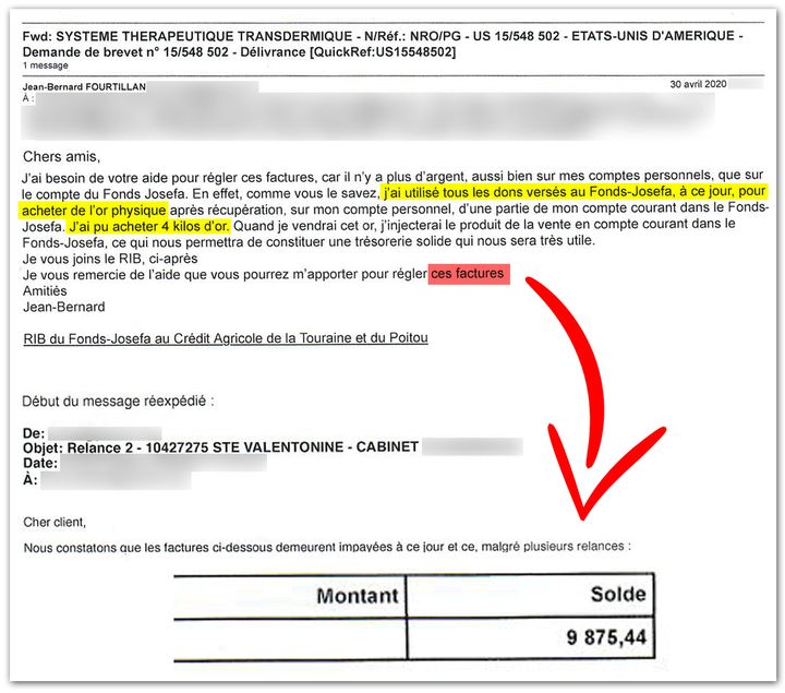 Mail du 30 avril 2020. M. Fourtillan indique avoir acheté&nbsp;4 kg d’or avec les dons de ses patients. (CELLULE INVESTIGATION DE RADIO FRANCE)