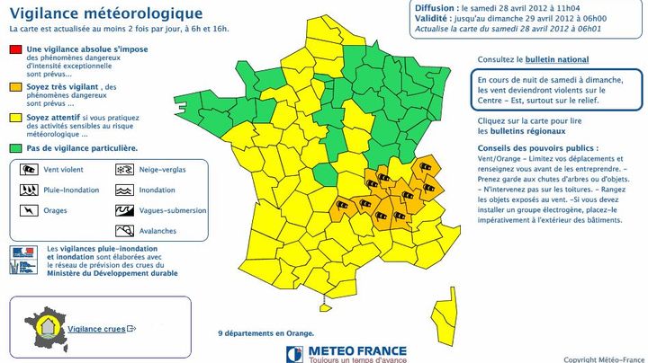 M&eacute;t&eacute;o France a plac&eacute; neuf d&eacute;partements en vigilance orange en raison d'un risque de vent violent, samedi 28 avril.&nbsp; (METEO FRANCE / FTVI)