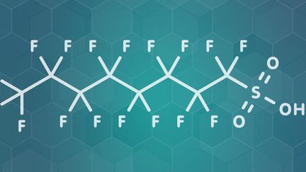 Un schéma d'une molécule d'acide perfluorooctanesulfonique, un polluant dit "éternel". (MOLEKUUL/SCIENCE PHOTO LIBRARY / PVV)