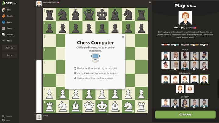 Chess.com donne la possibilité d'affronter une IA ressemblant à Beth Harmon, l'héroïne de la série "Le jeu de la dame".&nbsp; (Capture d'écran Chess.com)