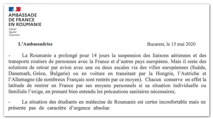 Lettre de l’ambassade de France en Roumanie adressée aux étudiants français, le 15 mai 2020. (CELLULE INVESTIGATION DE RADIO FRANCE)