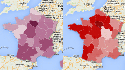 Prix moyen du jambon-beurre (&agrave; g.) et de la pizza reine selon les r&eacute;gions de France, en 2014. ( GOOGLE MAPS / FRANCETV INFO )