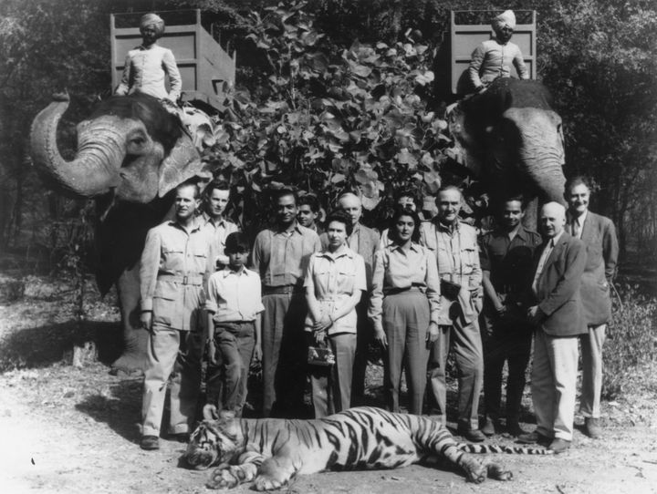 La reine Elizabeth II et le prince Philip prennent la pose derrière un tigre abattu&nbsp;par le duc d'Edimbourg lors d'une&nbsp;partie de chasse, durant leur tournée&nbsp;royale en Inde, le 26 janvier 1961. (GETTY IMAGES)