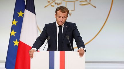 Emmanuel Macron s'adresse aux harkis depuis l'Elysée, le 20 septembre 2021. (GONZALO FUENTES / POOL / AFP)