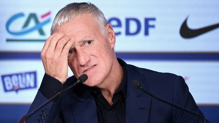 Le sélectionneur français Didier Deschamps en conférence de presse, le 15 septembre 2022 à Paris. (FRANCK FIFE / AFP)