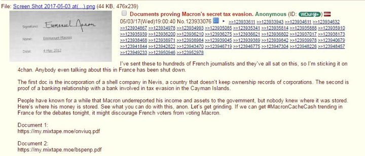 Capture d'écran du message posté sur 4chan, le 3 mai 2017, présentant de prétendus documents "prouvant l'évasion fiscale" d'Emmanuel Macron. (4CHAN / FRANCEINFO)