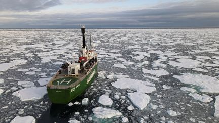 Un navire de Greenpeace navigue entre des morceaux de banquise dans l'océan Arctique, le 15 septembre 2020, sur une image prise par l'ONG. (NATALIE THOMAS / REUTERS)