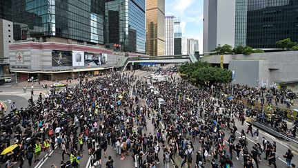 Des manifestants occupent une avenue centrale de Hong Kong, le 21 juin 2019. (ANTHONY WALLACE / AFP)