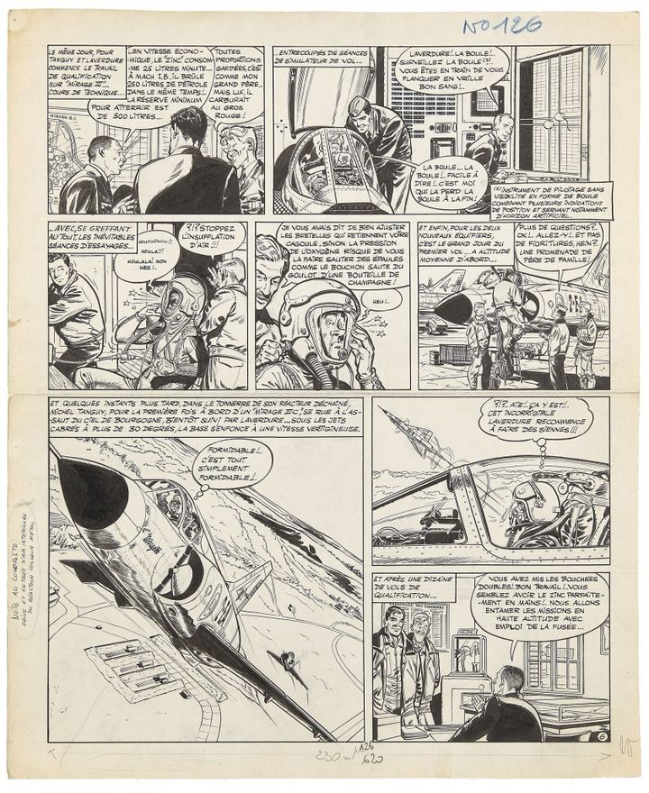 Planche d'Albert Uderzo extraite de l'album "Escadrille des cigognes" de Tanguy et Laverdure publié en 1964 chez Dargaud. Cette encre de Chine, crayon et crayon bleu sur papier (hauteur 50,50 cm, largeur 41,50 cm) a été vendue 150.000 euros chez Artcurial le 26 mai 2020 au profit de la Fondation hôpitaux de Paris Hôpitaux de France. (ARTCURIAL)