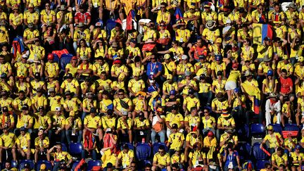 Un mur jaune. A l'image de ces supporters colombiens, ici lors du match Colombie - Sénégal, le 28 juin à Samara, les fans sud-américains étaient très nombreux en Russie pour cette Coupe du monde. (FABRICE COFFRINI / AFP)