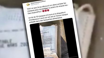 Capture écran d'un tweet qui dénonce le double étiquetage sur une barquette alimentaire remplie de masques.&nbsp; (CAPTURE ECRAN TWITTER)