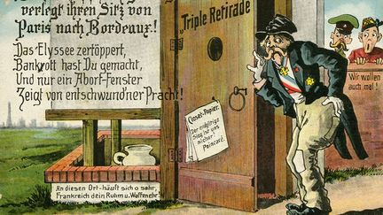 «Les cartes visant les dirigeants de L’Entente y sont nettement moins nombreuses et surtout  bien moins virulentes. Au lieu de dénigrer à tout prix l’adversaire, la propagande allemande, mieux structurée que son équivalant français qui tarde à se mettre en place, cherche davantage à tourner en dérision les dirigeants des pays qu’elle combat» (carte postale allemande, 1914). (Caricadoc.com)