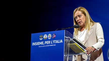 Giorgia Meloni, la cheffe de&nbsp;Fratelli d'Italia, le 28 août 2022 à Rome (Italie). (RICCARDO FABI / NURPHOTO / AFP)