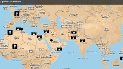 La carte des alli&eacute;s de l'Etat islamique dans le monde. (GGOGLE MAPS / FRANCETV INFO)