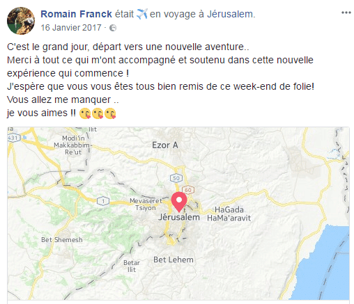 Le post Facebook de Romain Franck lors de son départ en Israël, le 16 janvier 2017. (CAPTURE D'ECRAN/FACEBOOK)