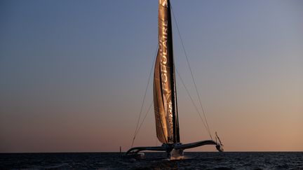 A Brest (Finistère), la flamme olympique a embarqué à bord du trimaran d'Armel Le Cléac'h, le 7 juin 2024, pour rejoindre les Antilles. (VINCENT LE GUERN / MAXPPP)