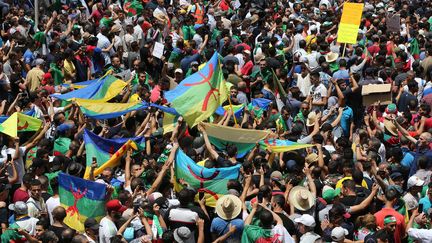 Des manifestants algériens brandissent le drapeau amazigh, le 21 juin 2019, à Alger.&nbsp; (BILLAL BENSALEM / NURPHOTO / AFP)