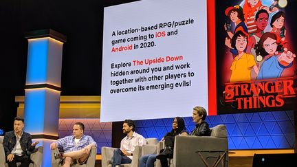 Les équipes de Netflix présentent l'adaptation en jeu vidéo de leur série à succès "Stranger Things", durant l'E3 2019 de Los Angeles. (GLENN CHAPMAN / AFP)