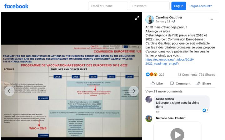 Capture d'écran d'une publication Facebook qui laisse entendre qu'un passeport vaccinal est à l'étude par la commission européenne depuis 2018 (CAPTURE ECRAN FACEBOOK)