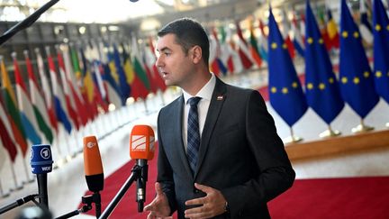 Le ministre de l'Economie croate s'adresse aux journalistes à son arrivée à la réunion de l'Union européenne sur l'énergie à Bruxelles, le 30 septembre 2022. (JOHN THYS / AFP)