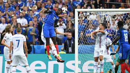 Paul Pogba marque de la tête sur corner, face à l'Islande, en quart de finale de l'Euro, le 3 juillet au stade de France.&nbsp; (FRANCK FIFE / AFP)