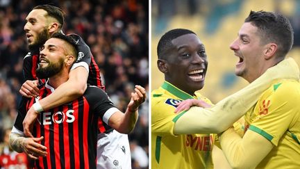 Andy Delort et Amine Gouiri (à gauche) pour Nice et Randal Kolo Muani et Andrei Girotto (à droite) pour Nantes. (CLEMENT MAHOUDEAU ET LOIC VENANCE / AFP)