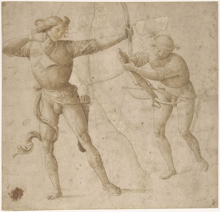 Un archer et un arbalétier. Pietro Vannucci, dit Le Pérugin (atelier de) (Città della Pieve, vers 1445-Fontignano, 1523). Plume et encore brune. (RMN – GRAND PALAIS (DOMAINE DE CHANTILLY) - GERARD BLOT)