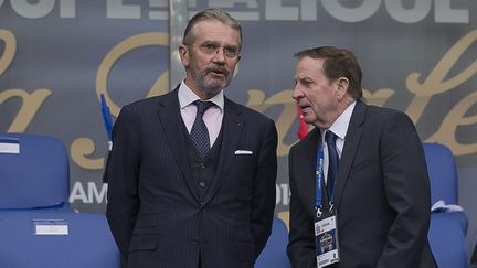 Le pr&eacute;sident de la Ligue de football professionnel, Fr&eacute;d&eacute;ric Thiriez (au centre), avant la finale de la Coupe de la Ligue entre le PSG et Bastia au Stade de France, le samedi 11 avril 2015. (MAXPPP)