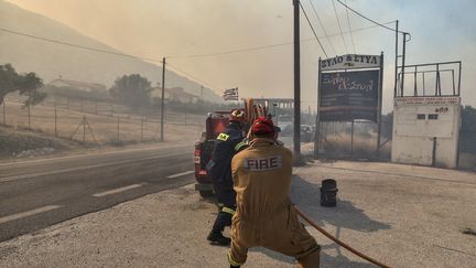 Firefighters fight the flames, about fifty kilometers from Athens, July 17, 2023. (SPYROS BAKALIS / AFP)