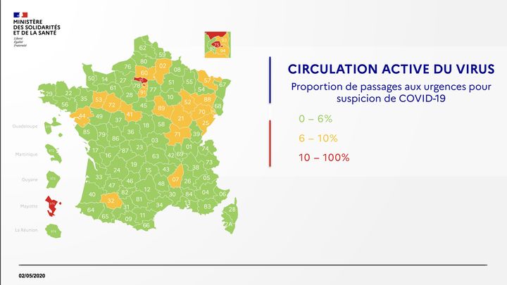 Carte de la circulation active du virus au 2 mai 2020. (DGS / FRANCEINFO)