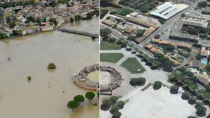 Vue aérienne des arènes de Trèbes, après et avant les intempéries du 15 octobre 2018. (SYLVAIN THOMAS / AFP / GOOGLE MAPS)