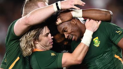 Le Su-Africain&nbsp;Makazole Mapimpi&nbsp;a inscrit le premier essai du match face à l'Angleterre en finale de la Coupe du monde de rugby, à&nbsp;Yokohama&nbsp;le samedi 2 novembre 2019. (ANNE-CHRISTINE POUJOULAT / AFP)