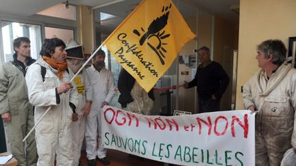 Des apiculteurs membres de la Conf&eacute;d&eacute;ration paysanne et de l'Union nationale de l'apiculture manifestent sur un site de la multinationale Monsanto &agrave; Monb&eacute;qui (Tarn-et-Garonne), le 6 janvier 2012. (ERIC CABANIS / AFP)