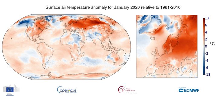 Anomalie de la température de l'air en surface en&nbsp;janvier 2020 par rapport&nbsp;à la moyenne mensuelle de 1981 à 2010. (COPERNICUS CLIMATE CHANGE SERVICE/ECMW)