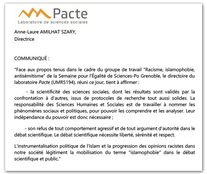 Extrait du communiqué du laboratoire Pacte du 7 décembre 2020.&nbsp; (COMMUNIQUÉ PACTE)