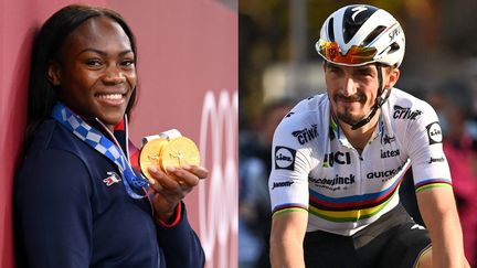 Clarisse Agbégnénou, double championne olympique de judo à Tokyo, et Julian Alaphilippe, double champion du monde en titre de cyclisme sur route, ont été désignés Champions des champions tricolores par le journal L'Équipe. (MILLEREAU PHILIPPE / KMSP via AFP // DIRK WAEM / BELGA via AFP)