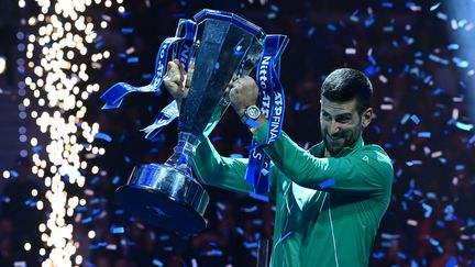 La joie de Novak Djokovic lors de sa victoire en finale du Masters ATP, le 19 novembre 2023, à Turin (Italie). (TIZIANA FABI / AFP)