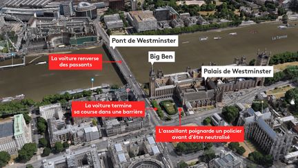 Les lieux de l'attaque au Parlement britannique à Londres, le 22 mars 2017.&nbsp; (GOOGLE MAPS / FRANCEINFO)