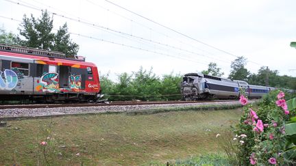 Le TER et le TGV accident&eacute;s,&nbsp;&agrave; Denguin (Pyr&eacute;n&eacute;es-Atlantiques), le 19 juillet 2014. (  MAXPPP)