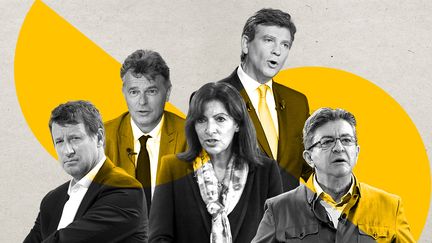 De gauche à droite&nbsp;: Yannick Jadot, Fabien Roussel, Anne Hidalgo, Arnaud Montebourg et Jean-Luc Mélenchon, cinq candidats de gauche déclarés à l'élection présidentielle de 2022. (PHOTOS : AFP, MAXPPP - MONTAGE : JESSICA KOMGUEN/FRANCEINFO)