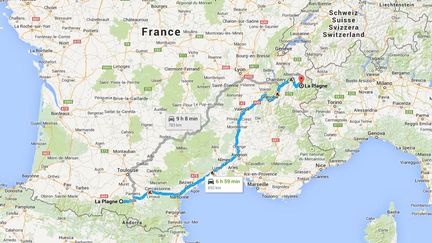 Le chauffeur d'un bus de belges a confondu La Plagne en Savoie et La Plagne en Ari&egrave;ge, faisant un d&eacute;tour de 1200 kilom&egrave;tres, en mars 2015. ( GOOGLE MAPS)