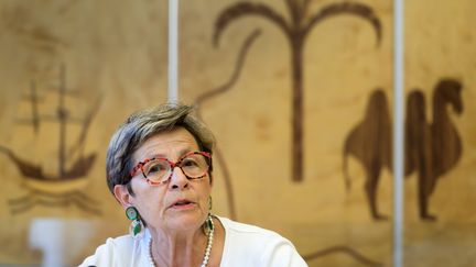 Viviane Lambert, la mère de Vincent Lambert, devant le conseil des droits de l'homme des Nations unies à Genève (Suisse), le 1er juillet 2019. (FABRICE COFFRINI / AFP)