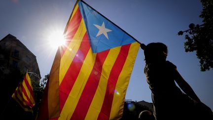 Une femme tenant un drapeau catalan lors d'une manifestation pour défendre l'autonomie de la Catalogne, le 10 juillet 2010.&nbsp; (JOSEP LAGO / AFP)