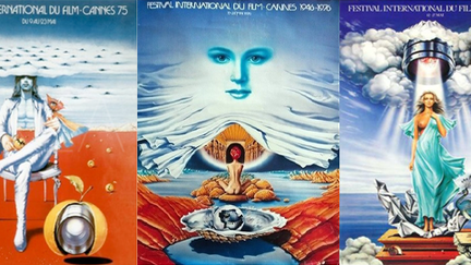 Pas une, mais trois affiches ici, celles des 28e, 29 et 30e éditions du festival, toutes trois réalisées par le graphiste polonais Wojtek Siudmak. Une sorte de triptyque surréaliste, dont l'iconographie fantastique détonne avec le graphisme classique utilisé jusqu'alors. Pas ou peu d'indices évoquant le cinéma ou Cannes au premier abord, des visuels fantaisistes emprunts de divin, des femmes nues, bref tout pour attirer l'attention. Ce triptyque marque un tournant dans la création des affiches du festival qui seront dotées, par la suite, de visions plus personnelles de la part de leur concepteur et, assurément, de plus d'audace.
 (Siudmak)