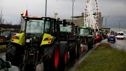 Des agriculteurs polonais manifestent dans une rue de Cracovie, le 20 février 2024. (KLAUDIA RADECKA / NURPHOTO / AFP)