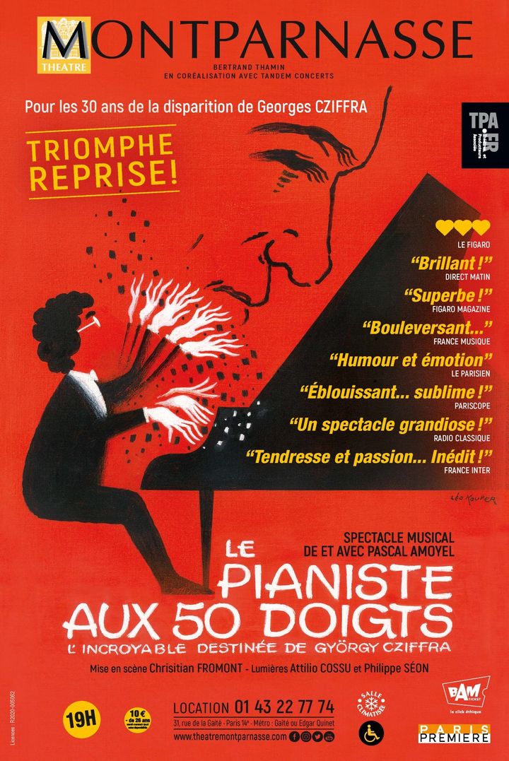 L'affiche du "Pianiste aux 50 doigts" de Pascal Amoyel au théâtre Montparnasse, à Paris (2023). (DR)