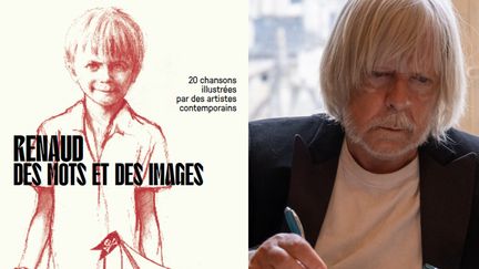 Photomontage de la couverture du recueil "Renaud, des mots et des images" et de l'artiste Renaud signant livre d'or de Bourges lors d'une remise de médaille par la ville pour sa carriere de chanteur et pour son engagement contre la corrida à la mairie de Bourges en France (Cher) le 24 avril 2024. (GALIMMARD/ANNABELLE HAMIL / HANS LUCAS / HANS LUCAS VIA AFP)