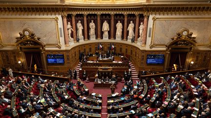 Les sénateurs réunis dans l'hémicycle, le 8 mars 2023, à Paris. (STEPHANE DUPRAT/ SIPA)