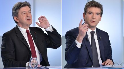 Le copr&eacute;sident du Parti de gauche, Jean-Luc M&eacute;lenchon (G), et le ministre du Redressement productif, Arnaud Montebourg, sur le plateau de l'&eacute;mission "C/Politique", sur France 5. (SIPA )