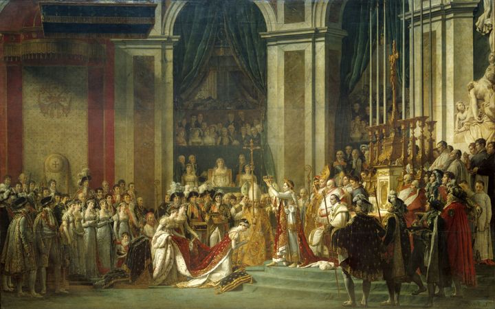 Le "Sacre de l'Empereur Napoléon 1er et Couronnement de l'Impératrice Joséphine&nbsp;à Notre-Dame le 2 décembre 1804", tableau de&nbsp;Jacques Louis David, peint en 1806 et conservé au musée du Louvre. (PHOTO JOSSE / AFP)